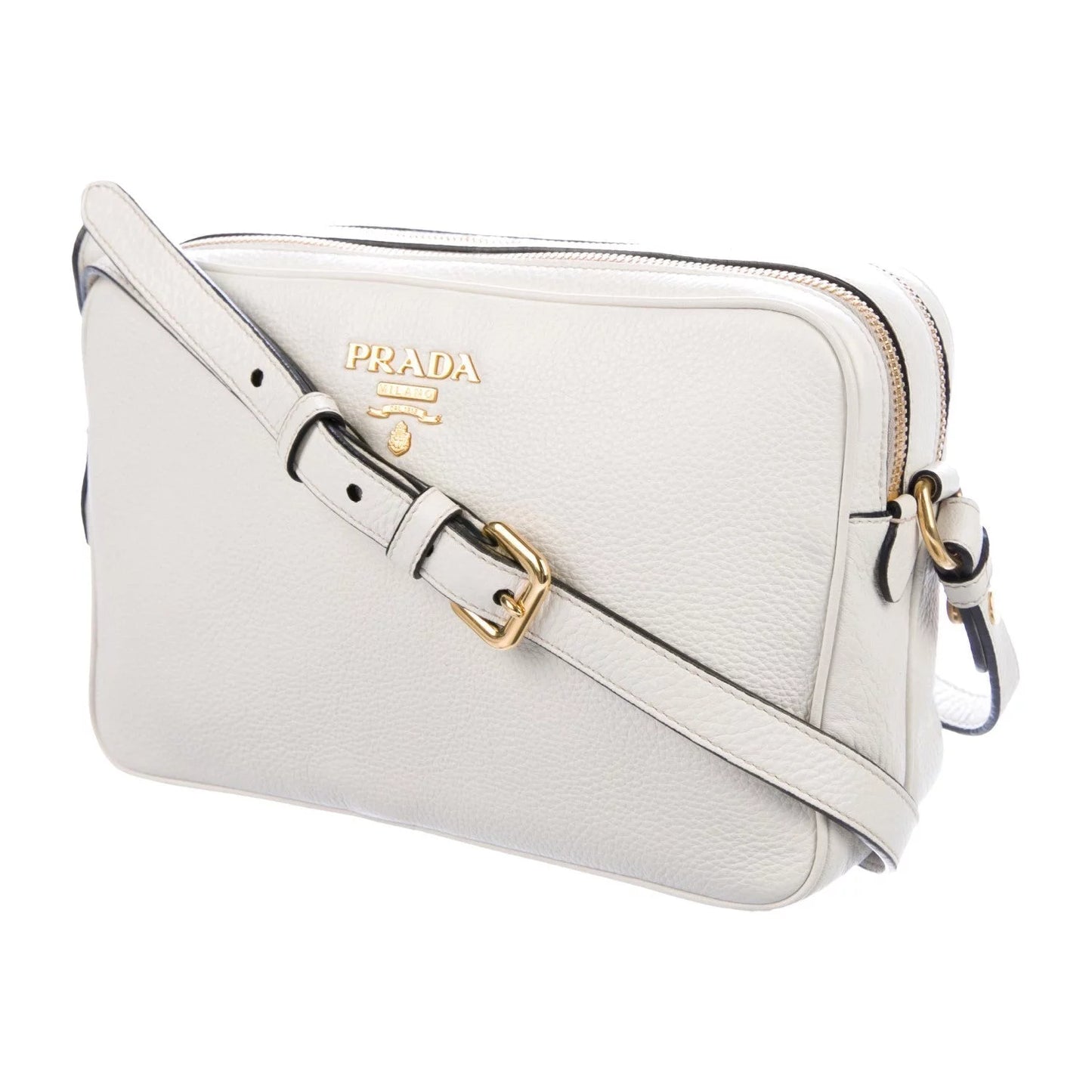 New Vitello Phenix White Leather Double Zip Camera Crossbody 1BH079