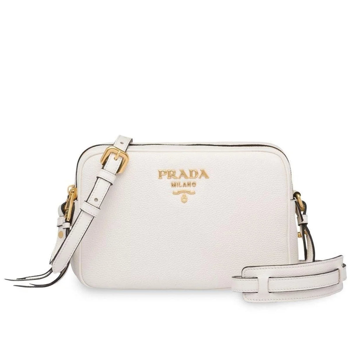 New Vitello Phenix White Leather Double Zip Camera Crossbody 1BH079