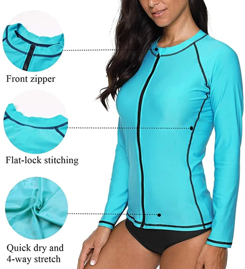 Rash Guard for Women Zip Front Long Sleeve Rashguard Top Sun Protection Swim Shirt