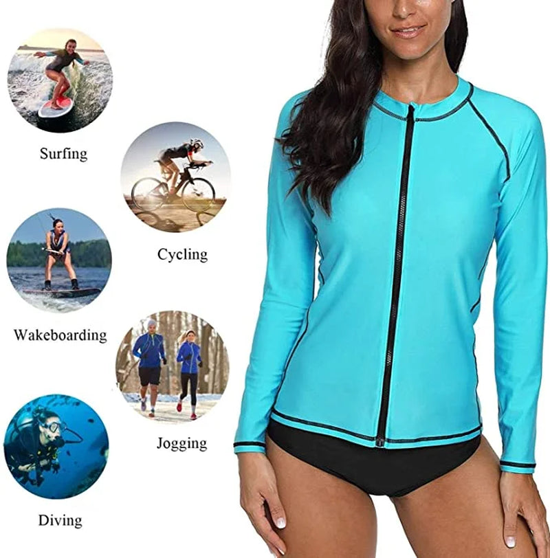 Rash Guard for Women Zip Front Long Sleeve Rashguard Top Sun Protection Swim Shirt