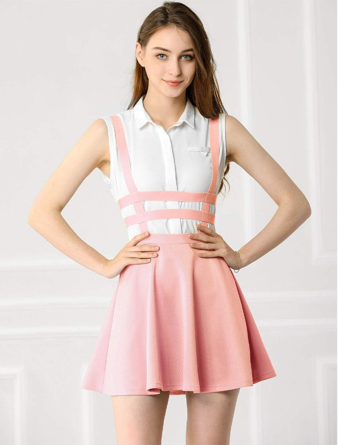 Women'S Pleated A-Line Elastic Waist Kawaii Braces Mini Suspender Skirt